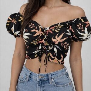 Forever 21 Black Floral Off-Shoulder Crop Top